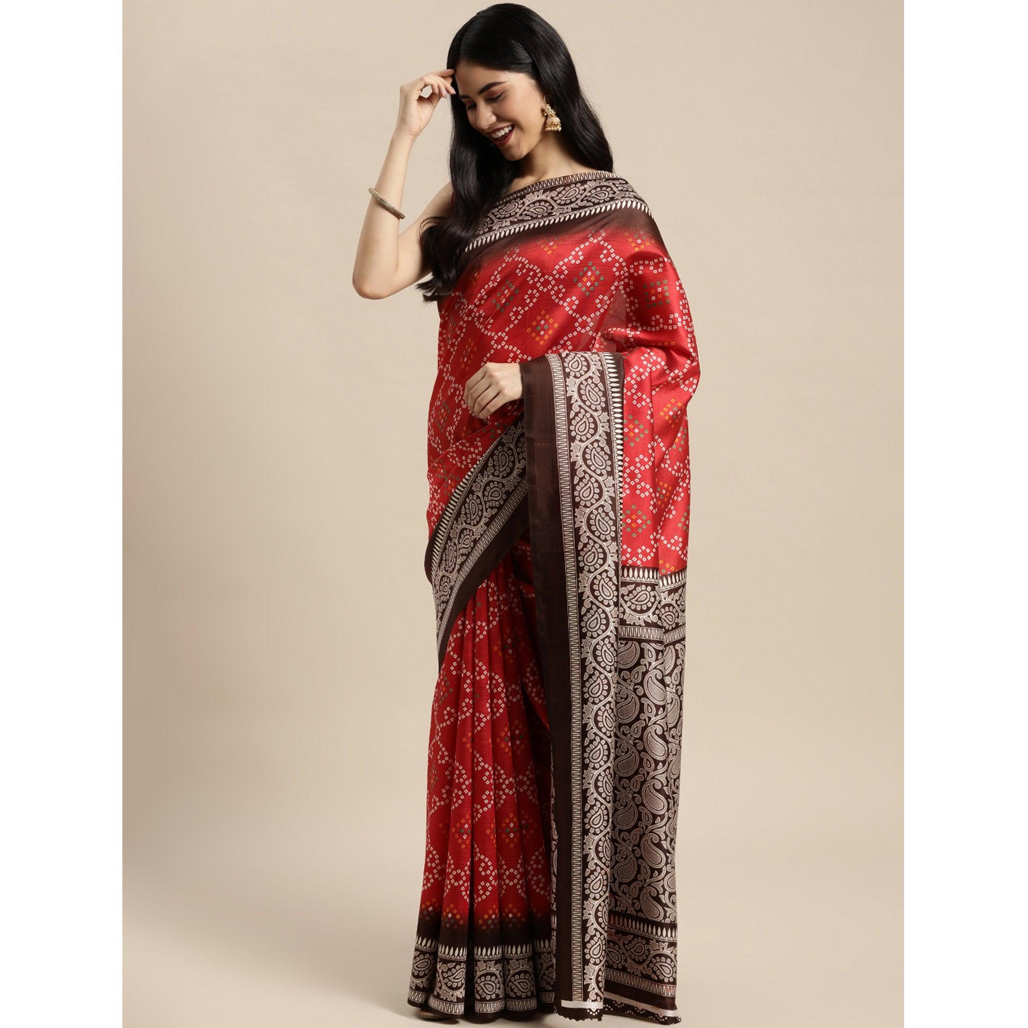 Red Bandhani Printed Art Silk Saree - Peachmode