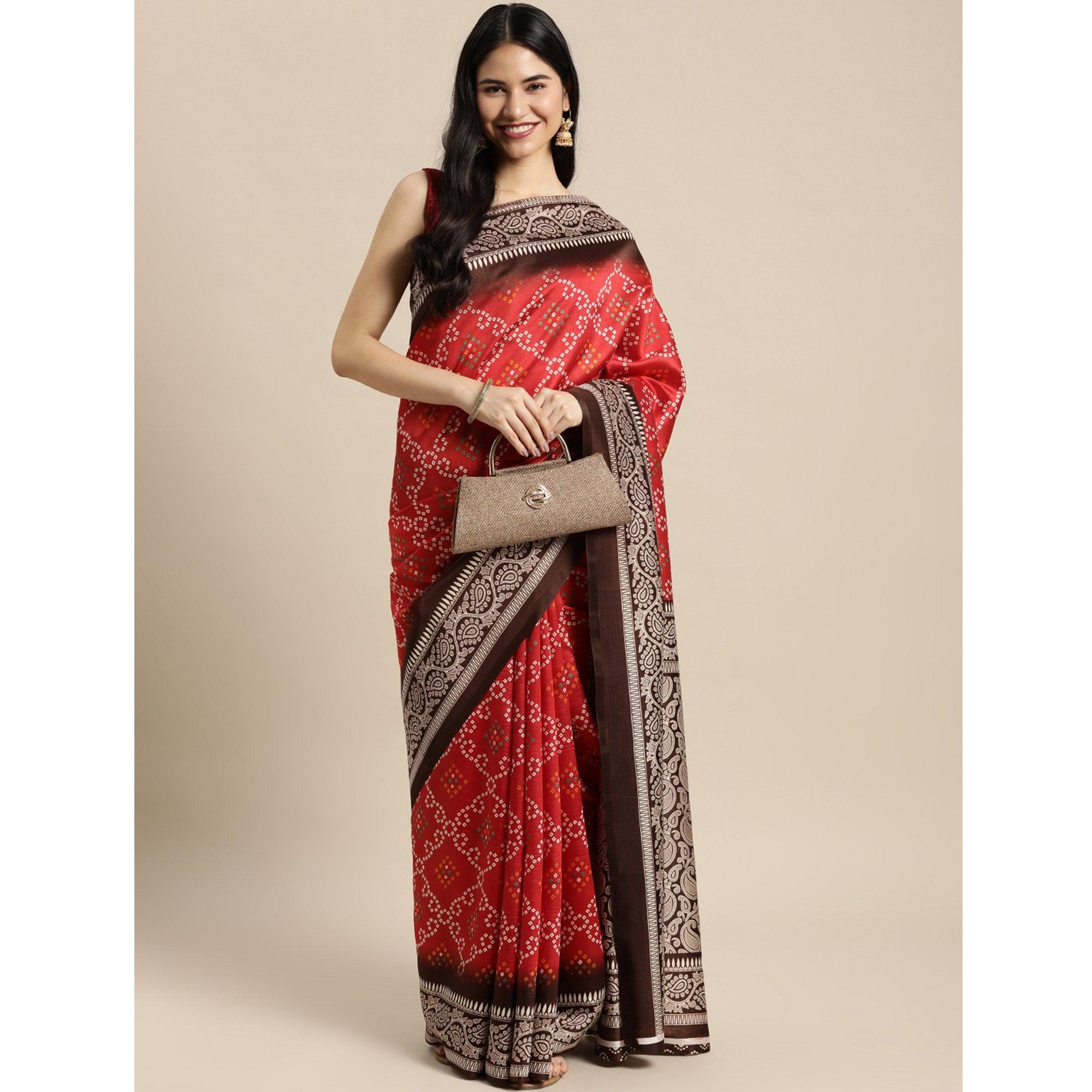 Red Bandhani Printed Art Silk Saree - Peachmode