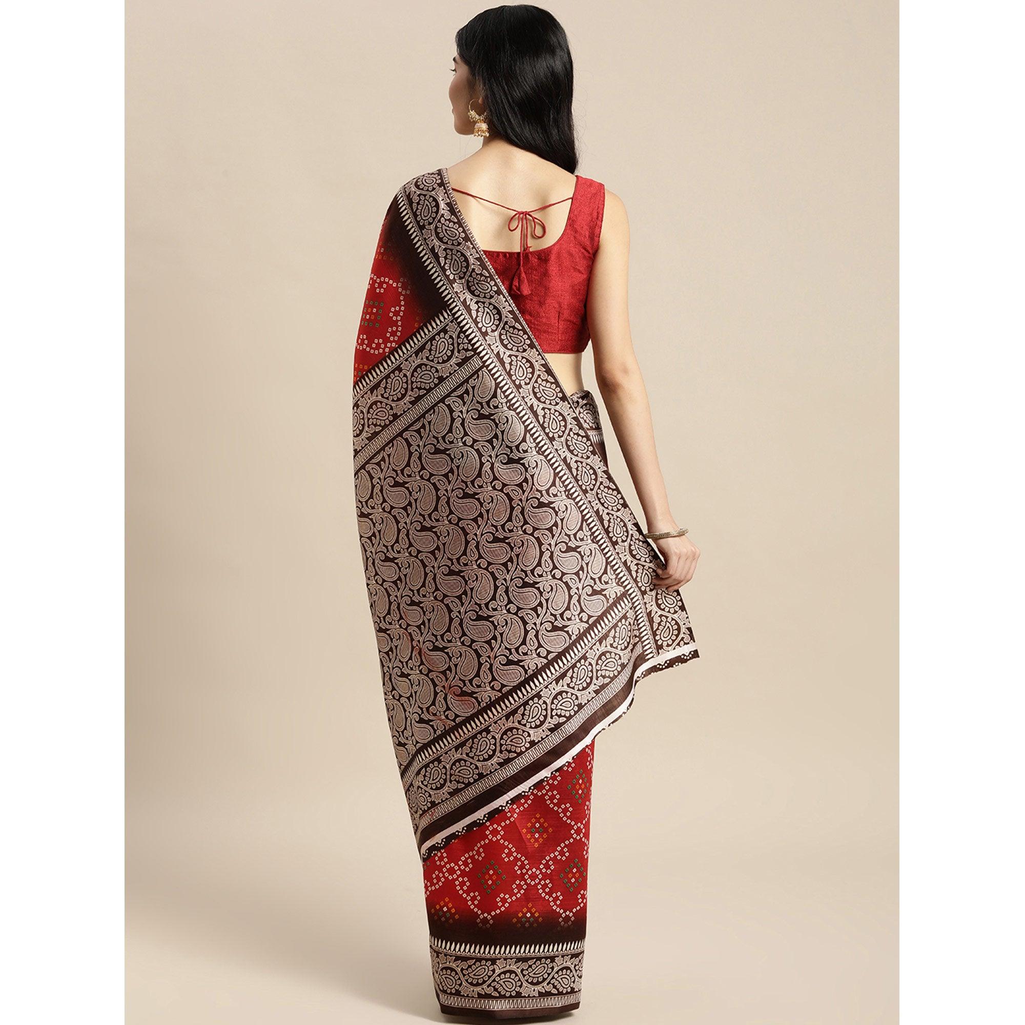 Red Bandhani Printed Art Silk Saree - Peachmode