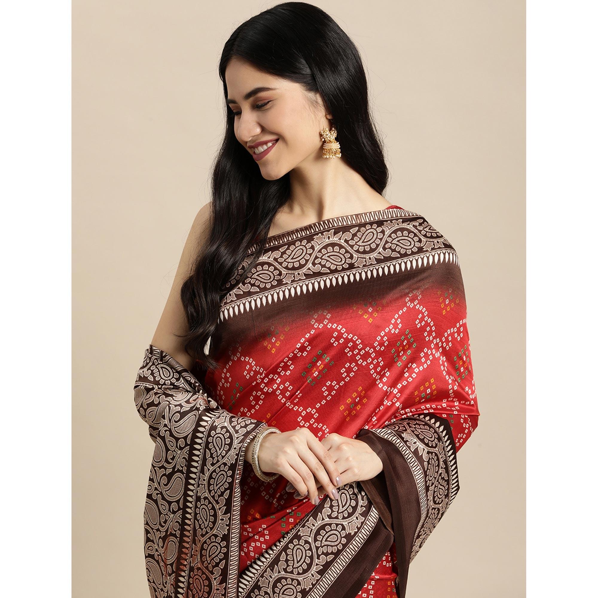 Red Bandhani Printed Art Silk Saree - Peachmode