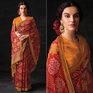 Red Bandhani Printed Brasso Saree - Peachmode