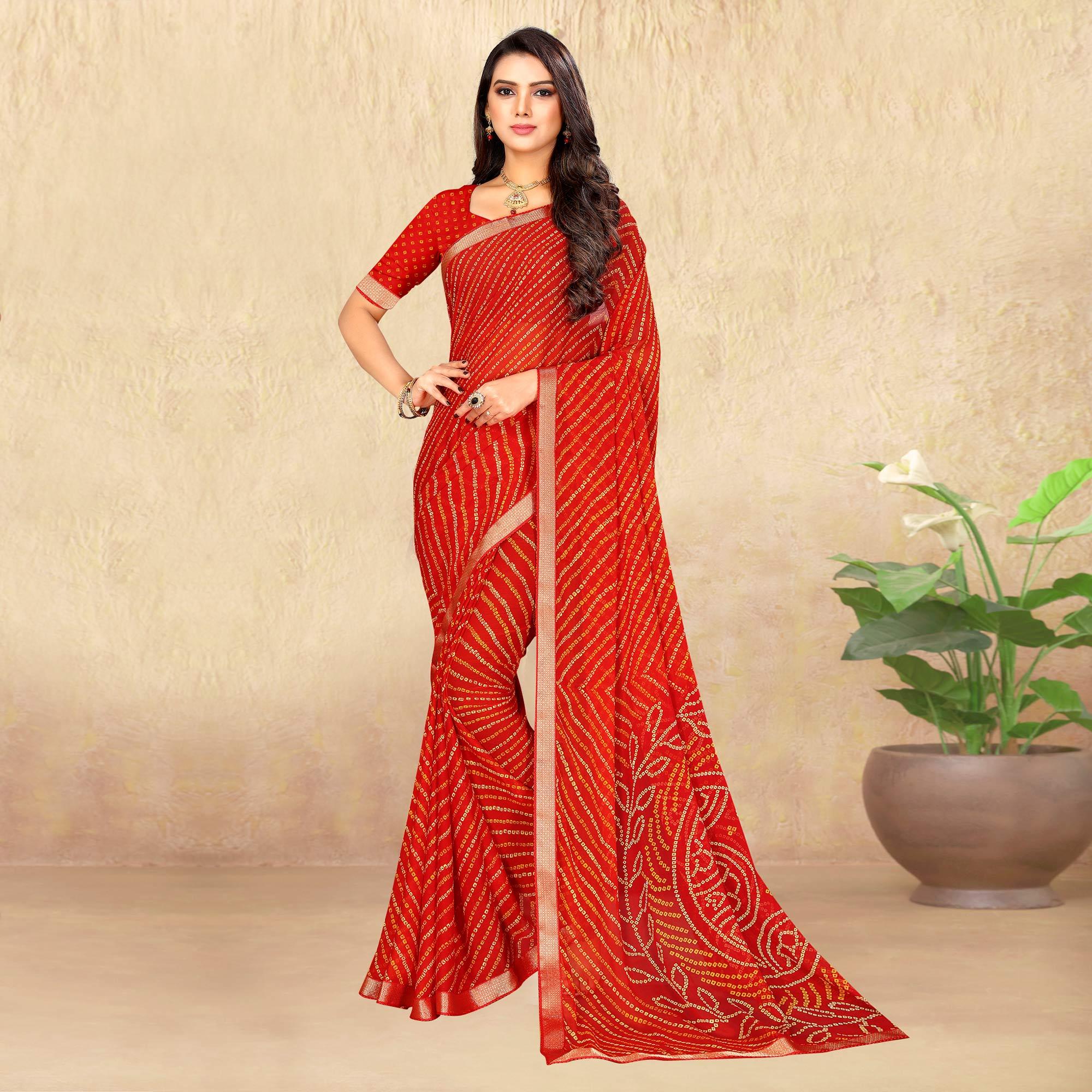 Red Bandhani Printed Chiffon Saree - Peachmode