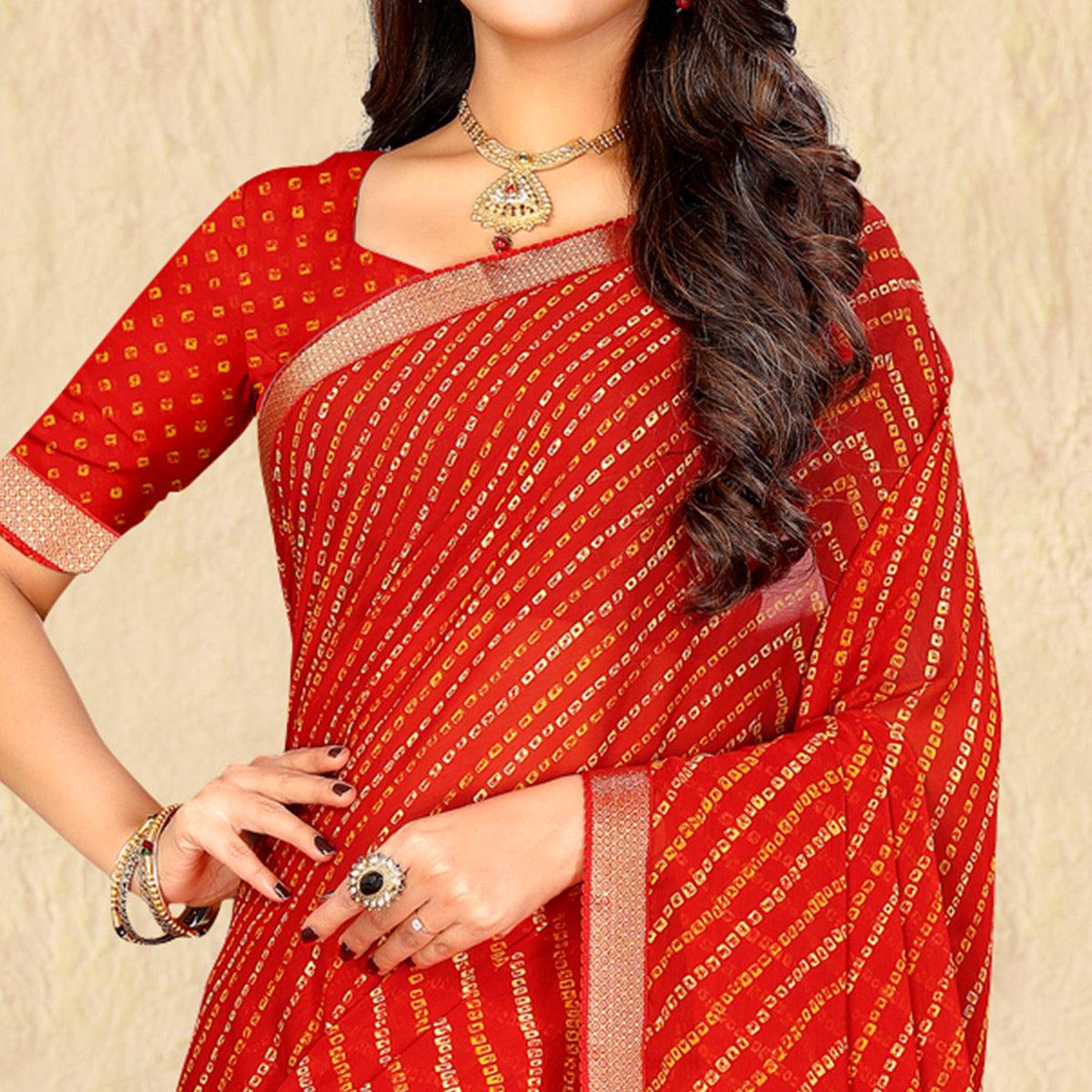 Red Bandhani Printed Chiffon Saree - Peachmode