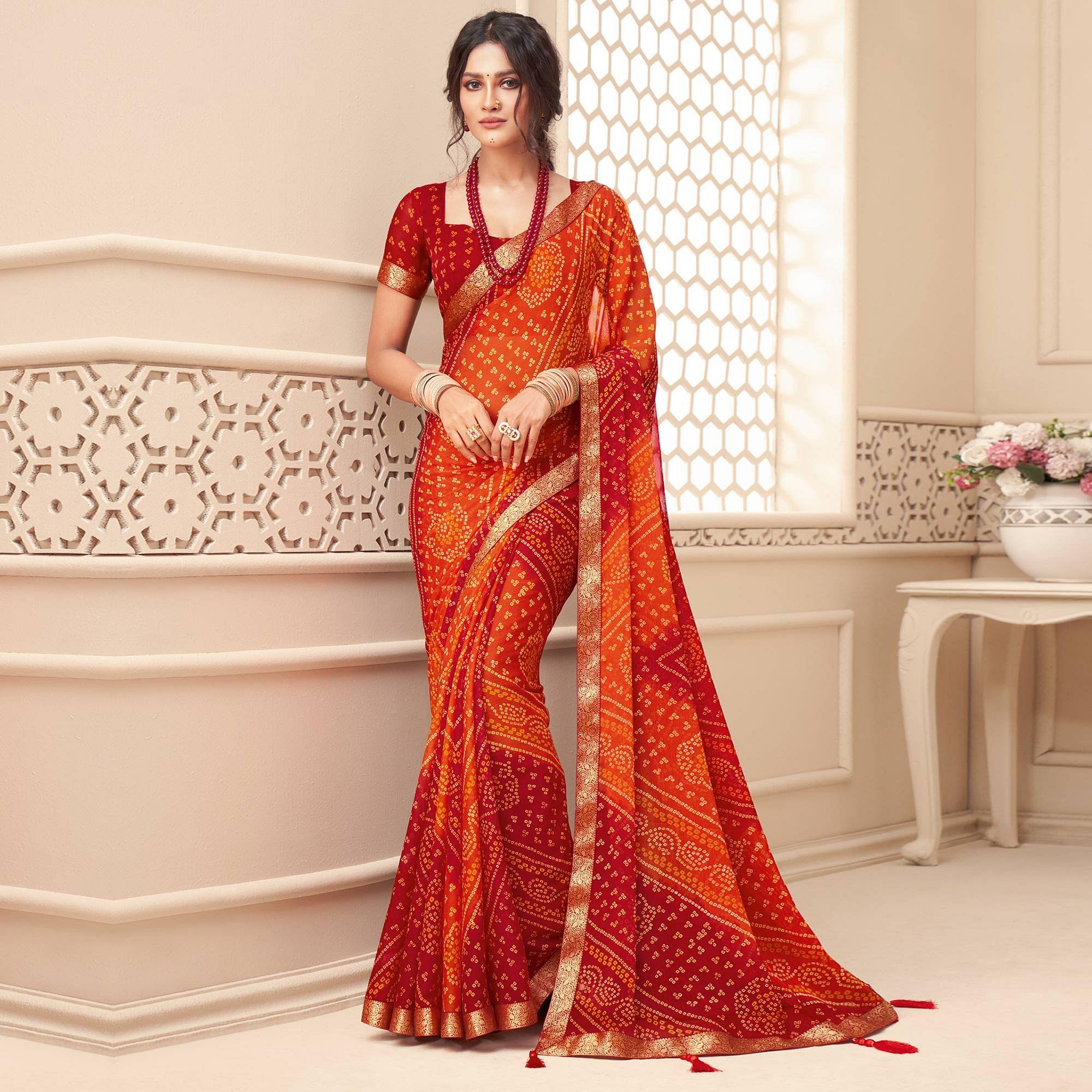 Red Bandhani Printed Chiffon Saree With Tassels - Peachmode