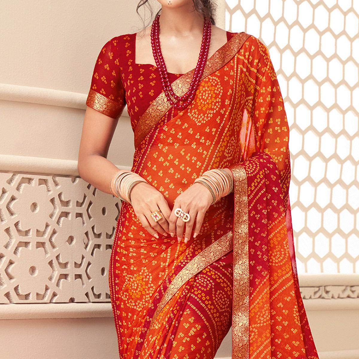 Red Bandhani Printed Chiffon Saree With Tassels - Peachmode