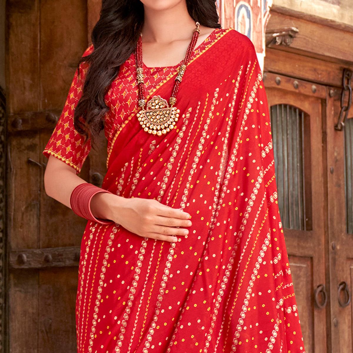 Red Bandhani Printed Chiffon Saree With Tassels - Peachmode