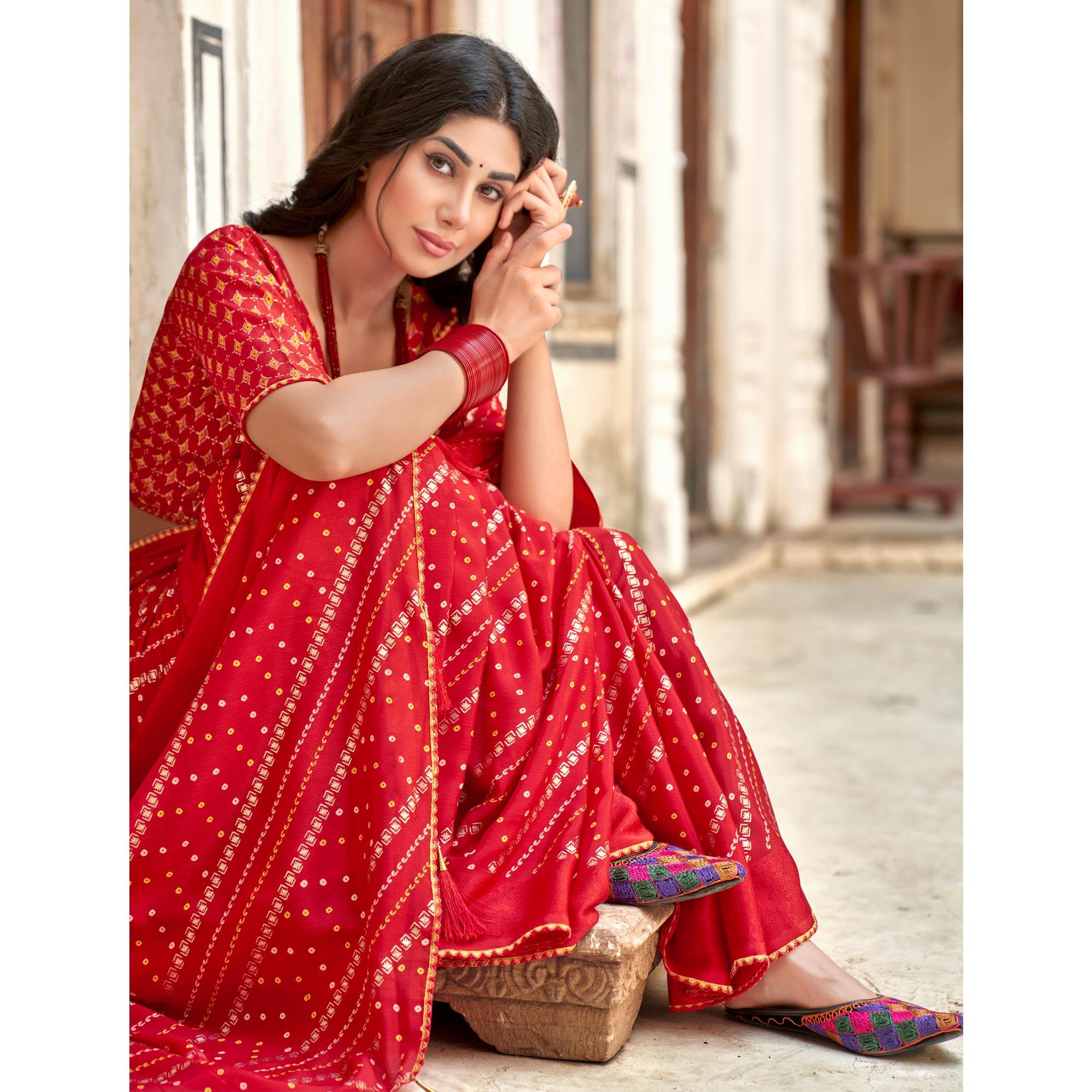 Red Bandhani Printed Chiffon Saree With Tassels - Peachmode