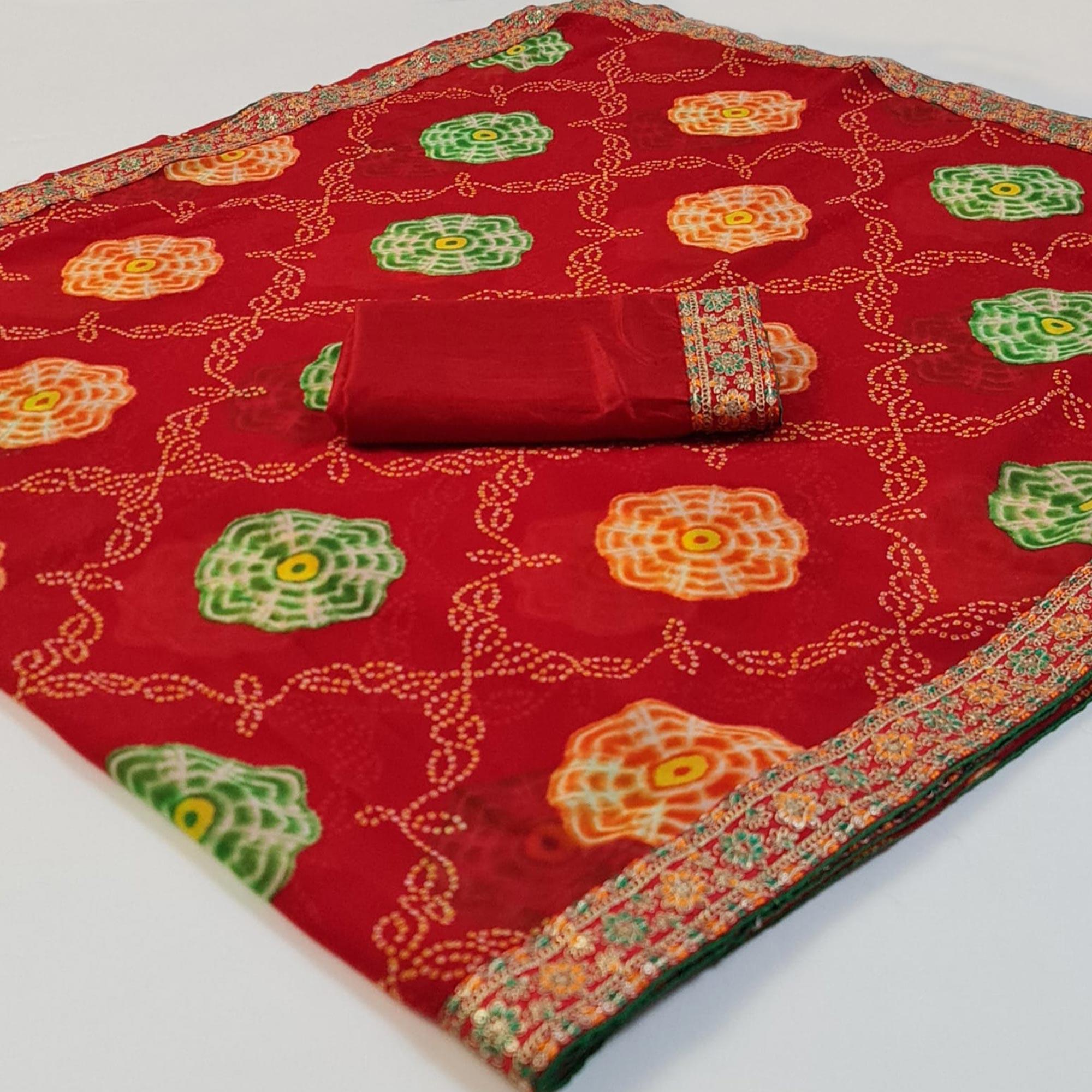 Red Bandhani Printed Georgette Saree - Peachmode
