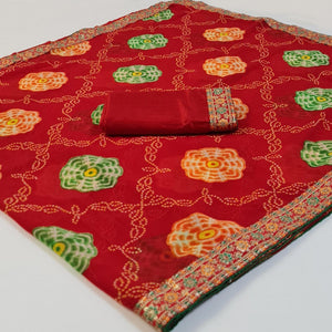 Red Bandhani Printed Georgette Saree - Peachmode