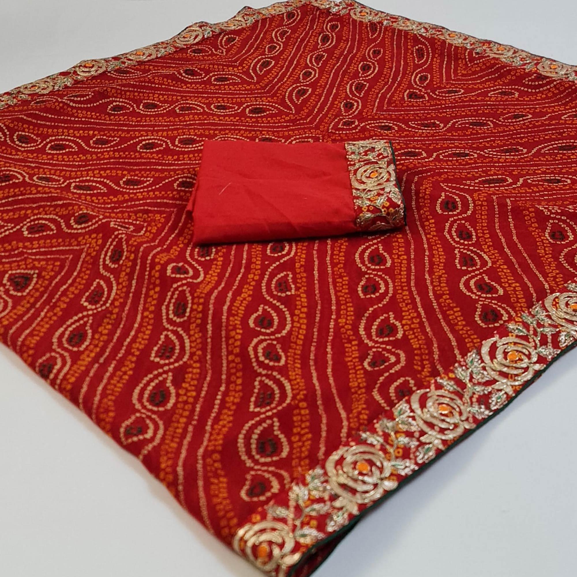 Red Bandhani Printed Georgette Saree - Peachmode