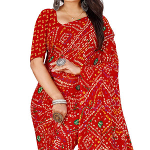 Red Bandhani Printed Georgette Saree - Peachmode