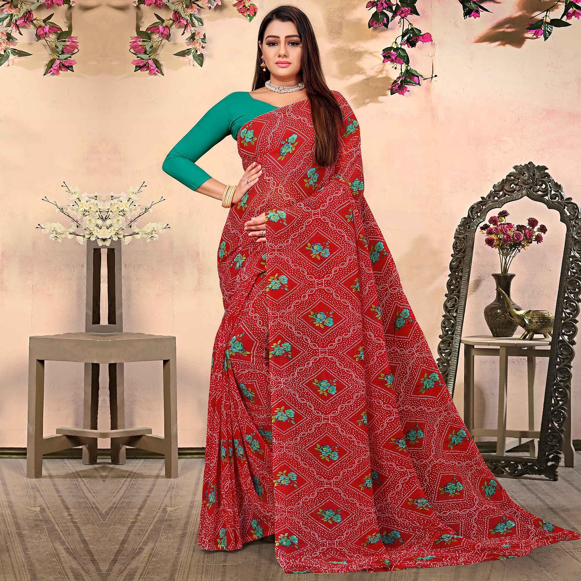 Red Bandhani Printed Georgette Saree - Peachmode
