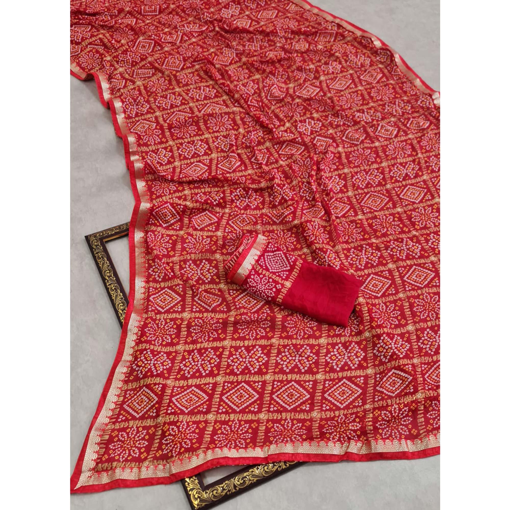 Red Bandhani Printed Georgette Saree - Peachmode