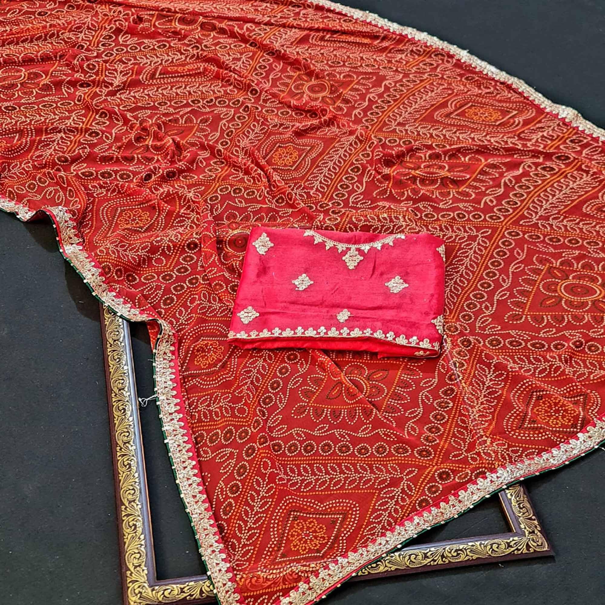 Red Bandhani Printed Georgette Saree - Peachmode