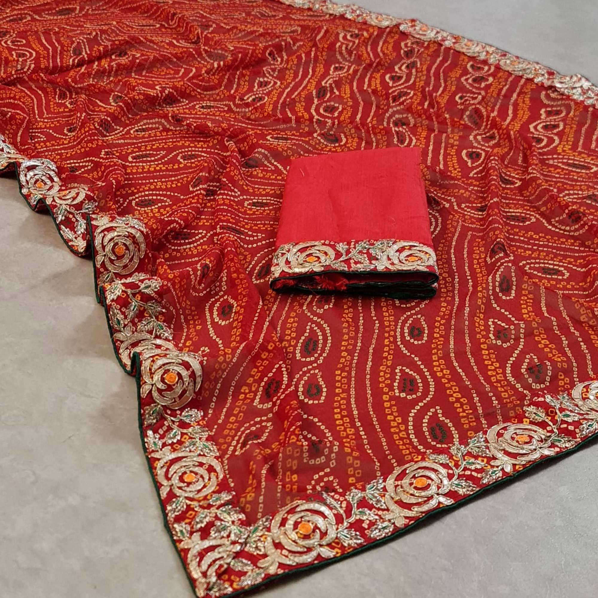 Red Bandhani Printed Georgette Saree - Peachmode