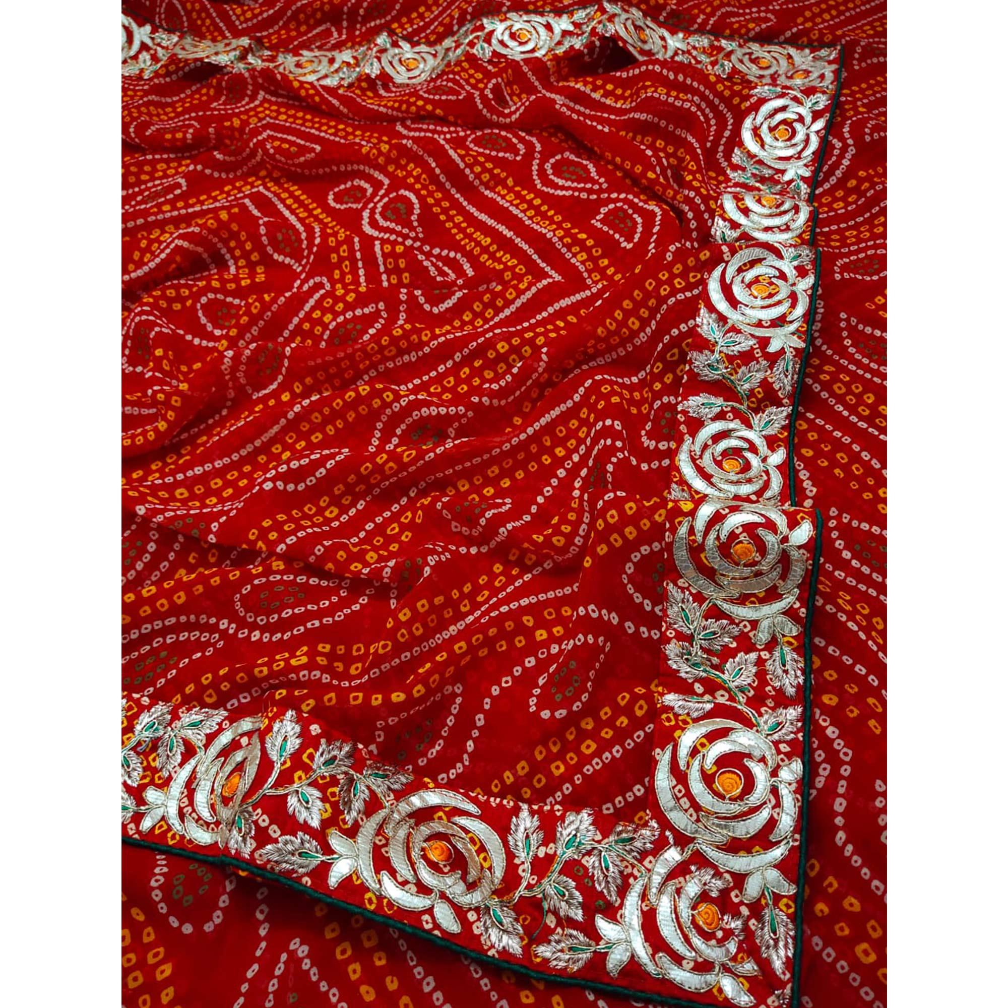 Red Bandhani Printed Georgette Saree - Peachmode