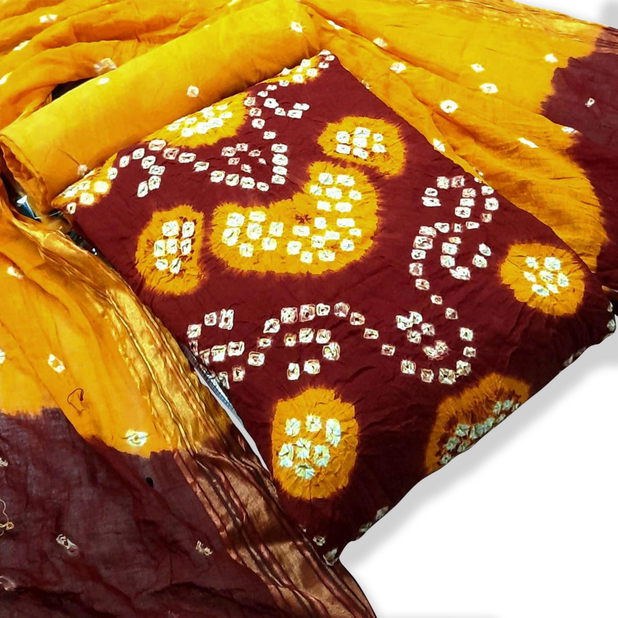 Red Bandhani Printed Pure Cotton Dress Material - Peachmode