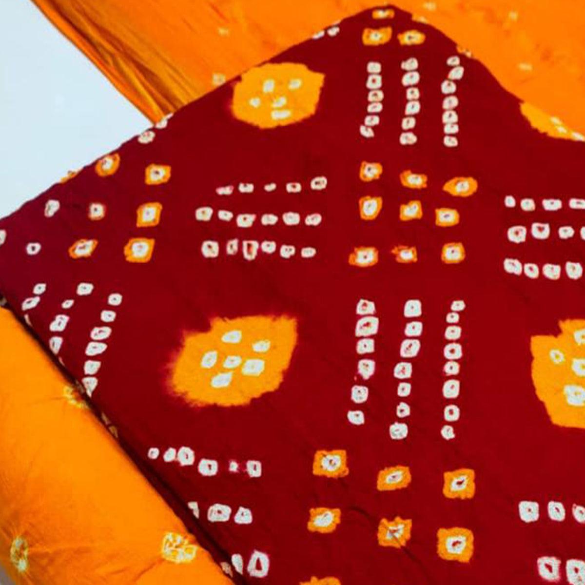 Red Bandhani Printed Pure Cotton Dress Material - Peachmode