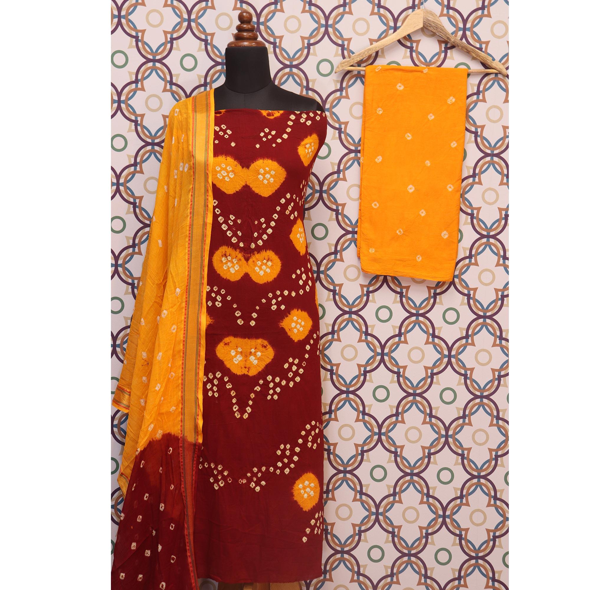 Red Bandhani Printed Pure Cotton Dress Material - Peachmode