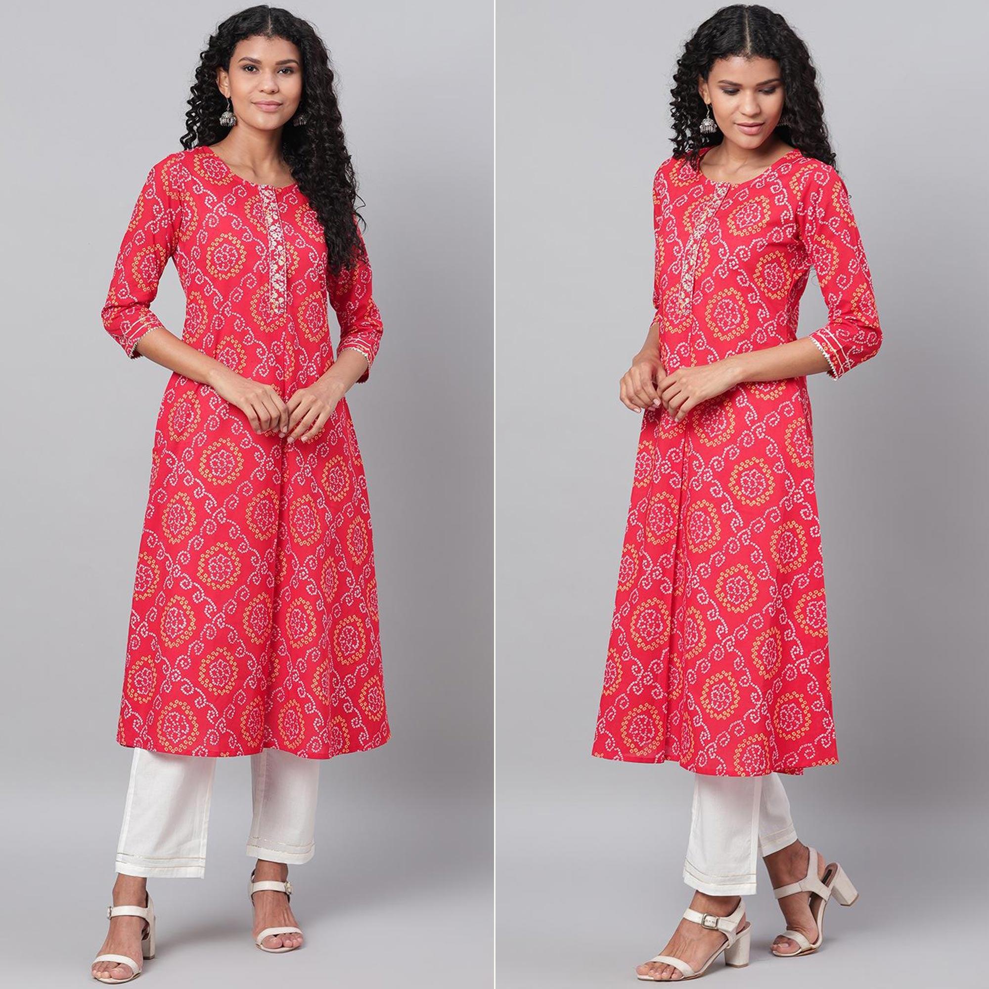 Red Bandhani Printed Pure Cotton Kurti Pant Set - Peachmode