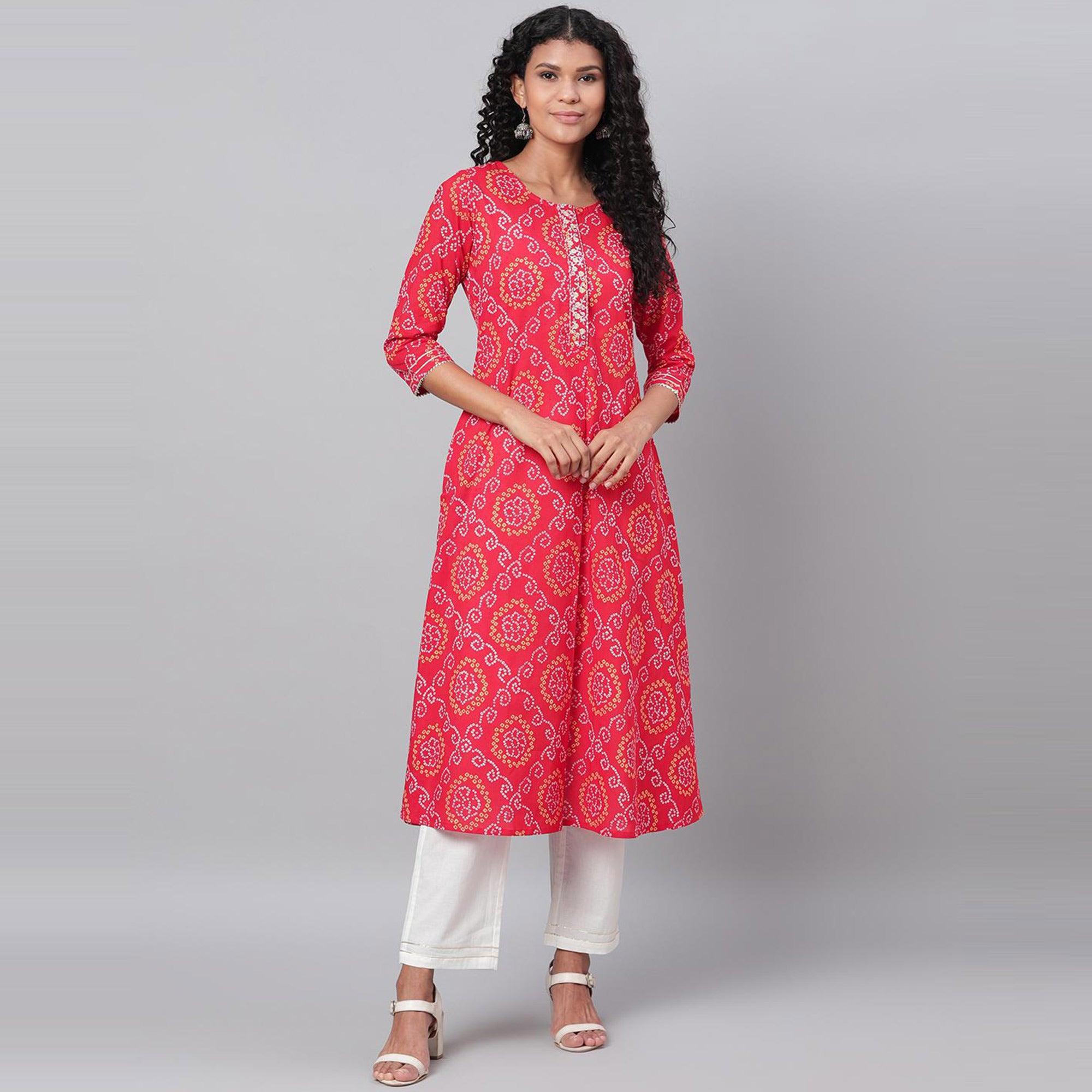 Red Bandhani Printed Pure Cotton Kurti Pant Set - Peachmode