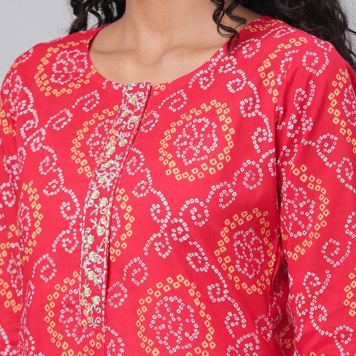 Red Bandhani Printed Pure Cotton Kurti Pant Set - Peachmode