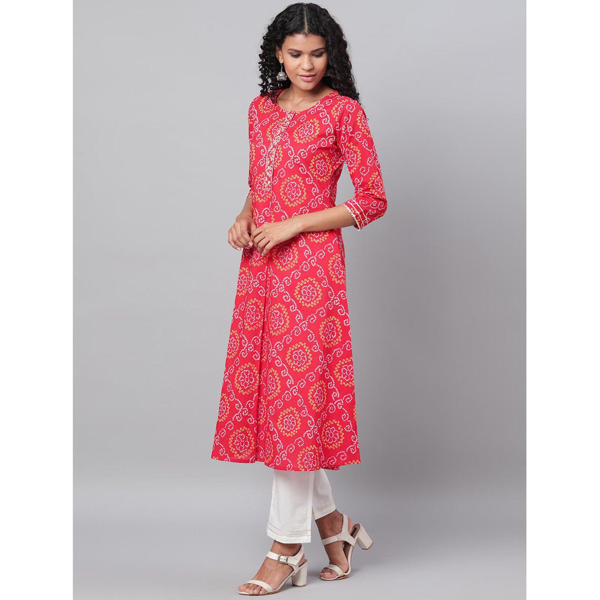 Red Bandhani Printed Pure Cotton Kurti Pant Set - Peachmode