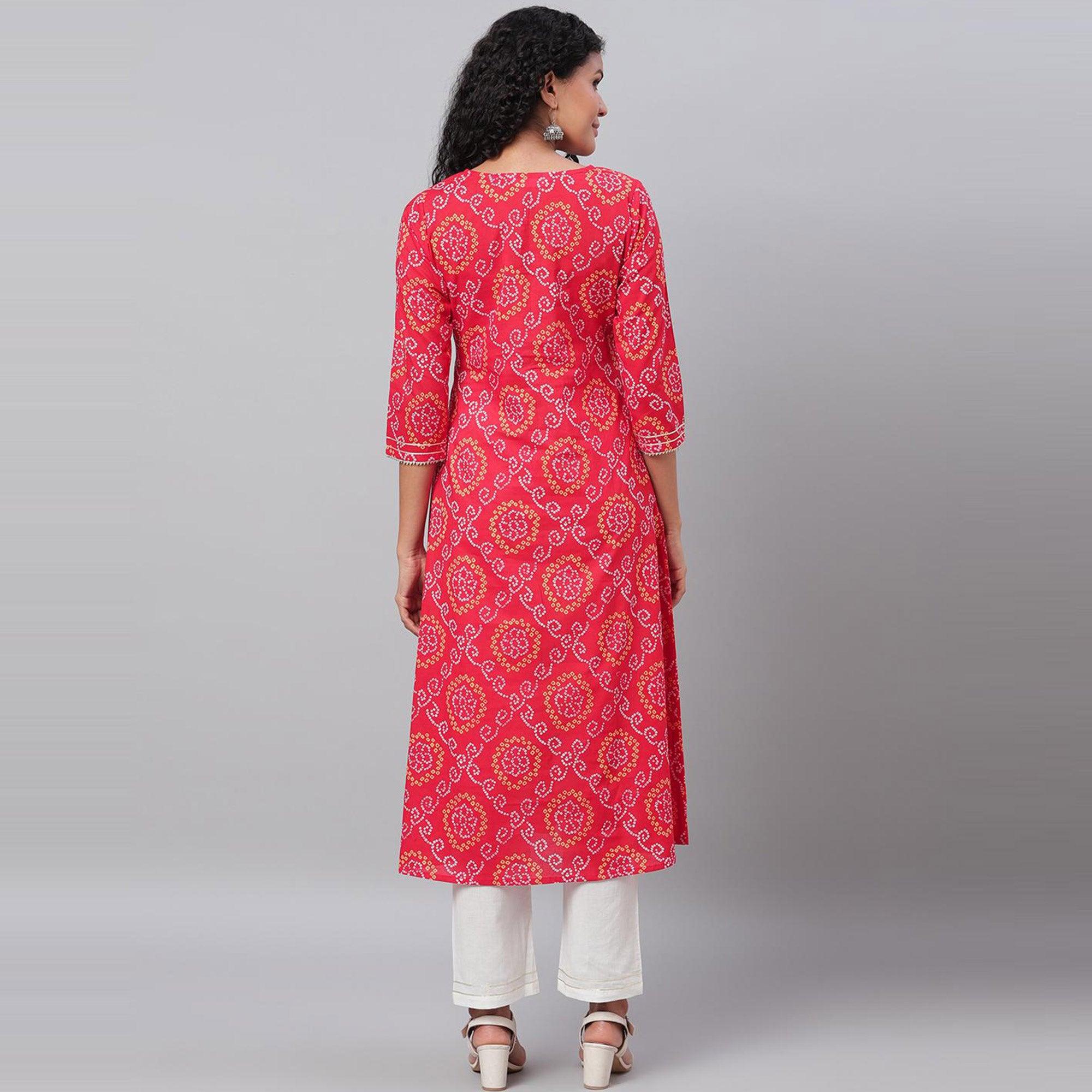 Red Bandhani Printed Pure Cotton Kurti Pant Set - Peachmode