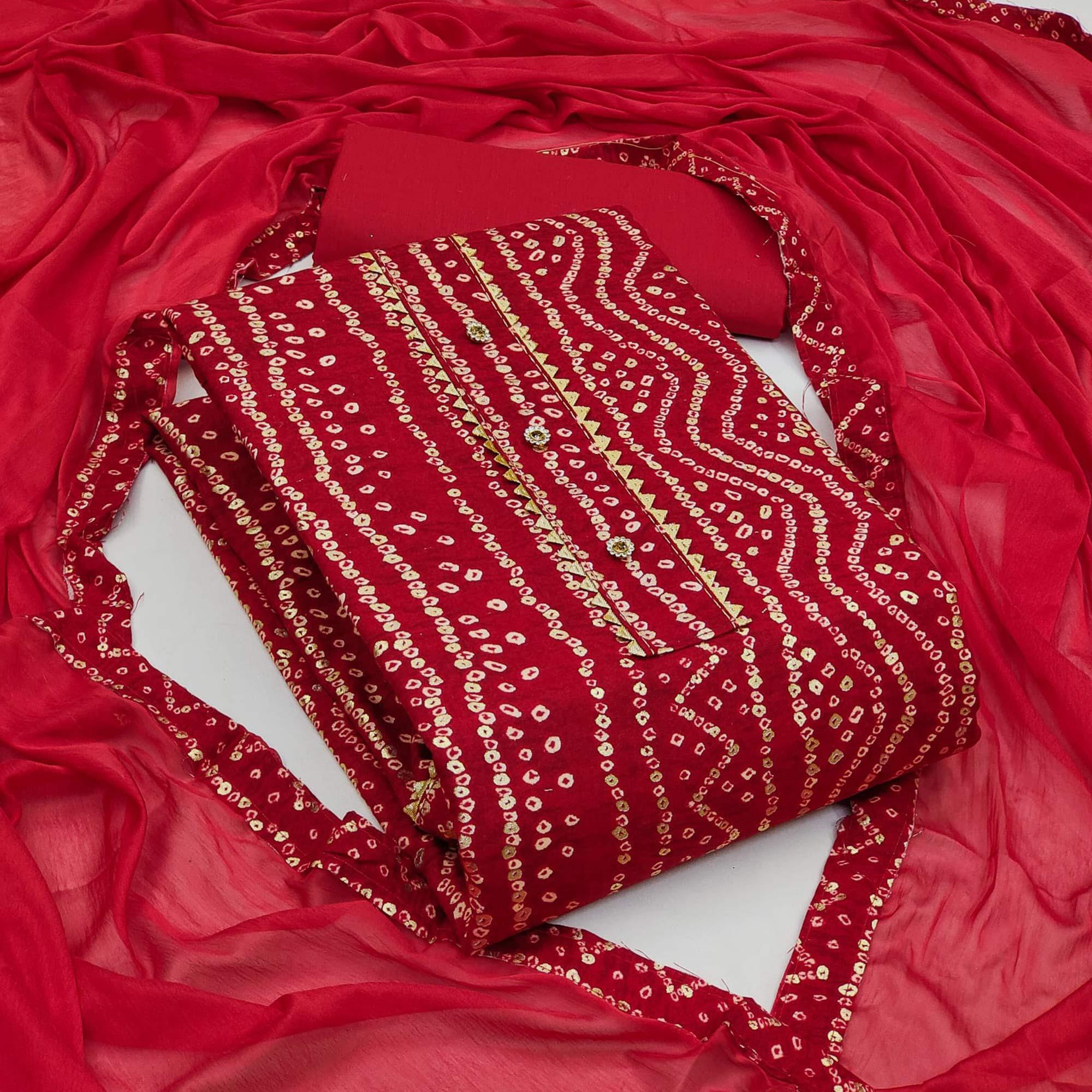 Red Bandhani Printed Rayon Dress Material - Peachmode