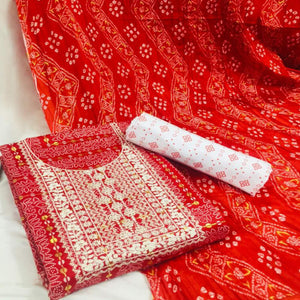 Red Bandhani Printed With Embellished Cotton Blend Dress Material - Peachmode