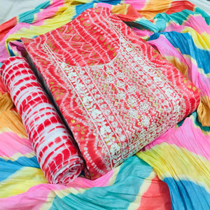 Red Bandhani Printed With Embellished Cotton Blend Dress Material - Peachmode