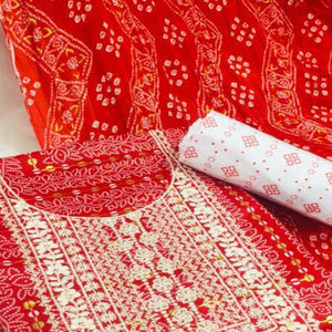 Red Bandhani Printed With Embellished Cotton Blend Dress Material - Peachmode
