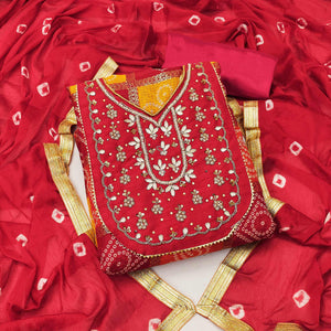 Red Bandhani Printed With Embellished Khaadi Dress Material - Peachmode