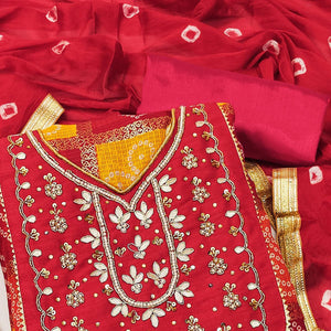 Red Bandhani Printed With Embellished Khaadi Dress Material - Peachmode