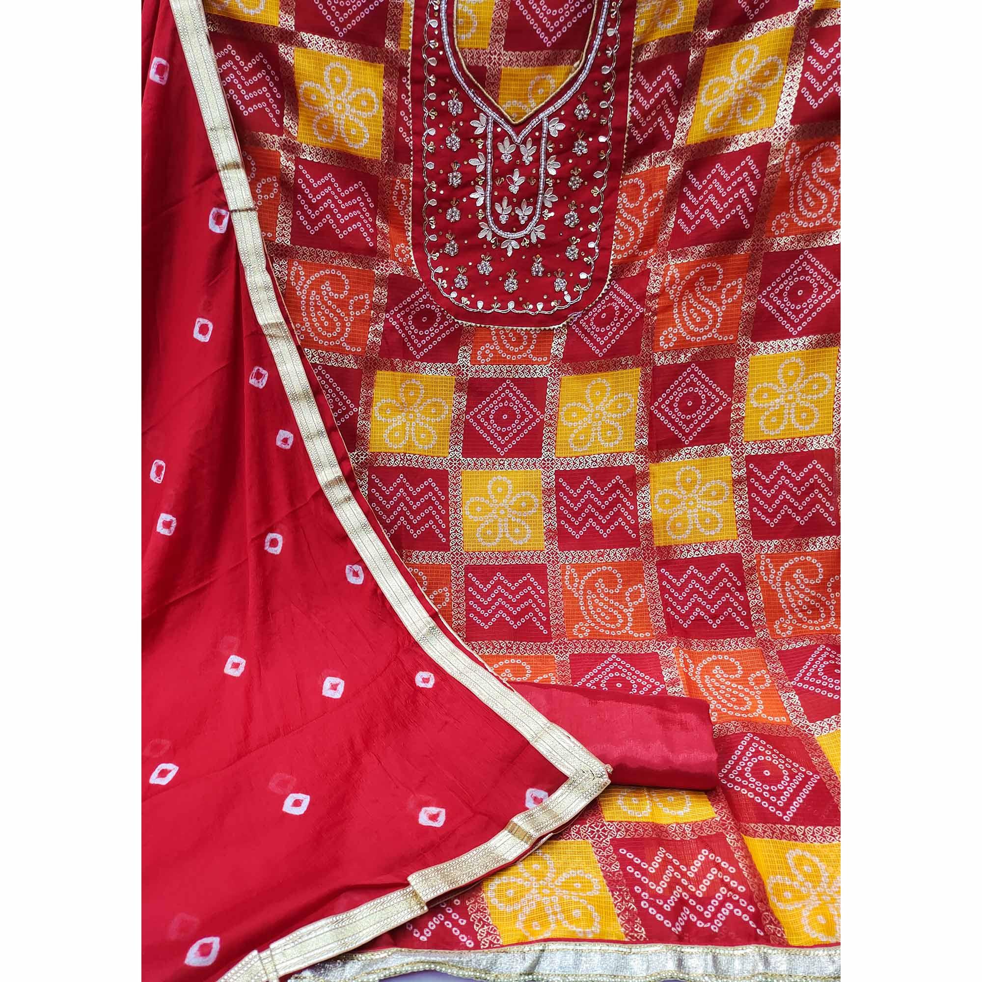 Red Bandhani Printed With Embellished Khaadi Dress Material - Peachmode