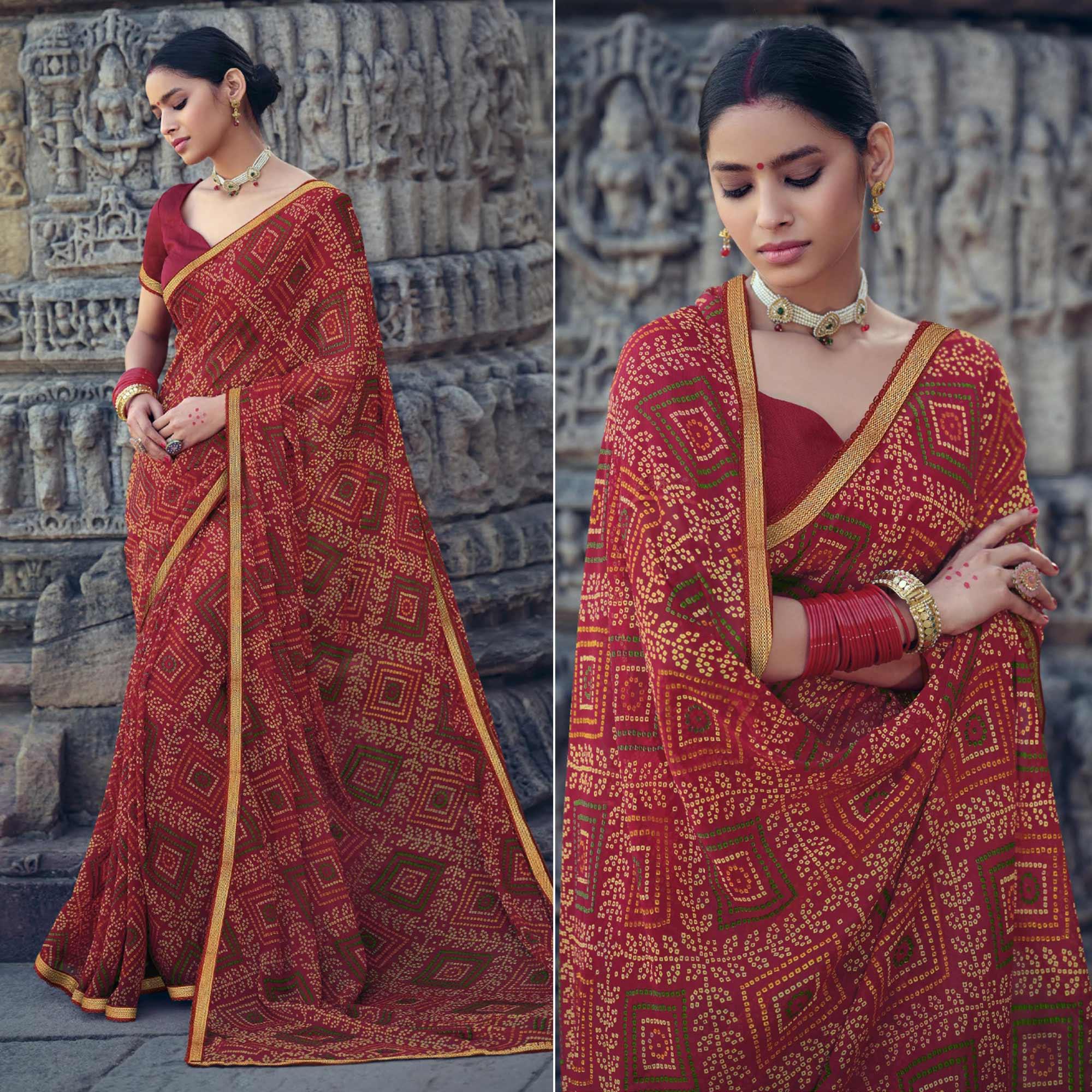 Red Bandhani Printed With Fancy Border Chiffon Saree - Peachmode