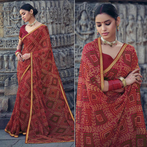 Red Bandhani Printed With Fancy Border Chiffon Saree - Peachmode