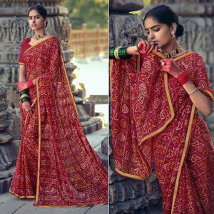 Red Bandhani Printed With Fancy Border Chiffon Saree - Peachmode