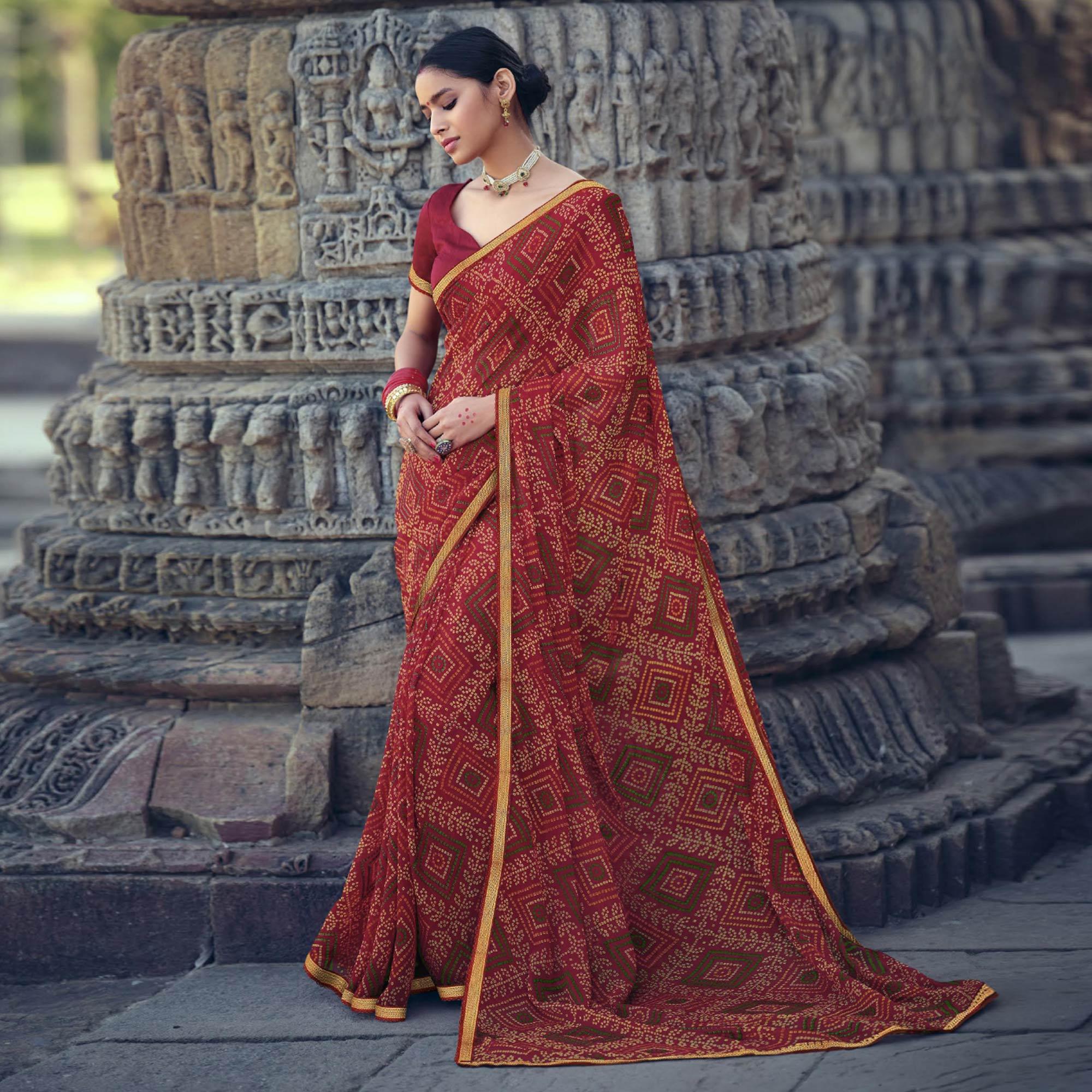 Red Bandhani Printed With Fancy Border Chiffon Saree - Peachmode