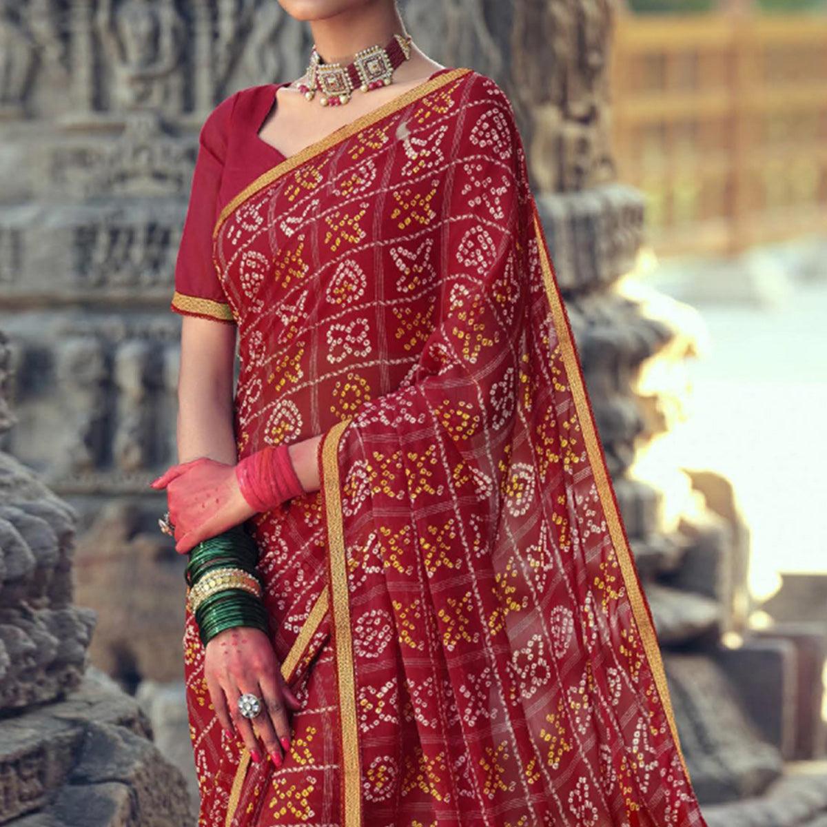 Red Bandhani Printed With Fancy Border Chiffon Saree - Peachmode