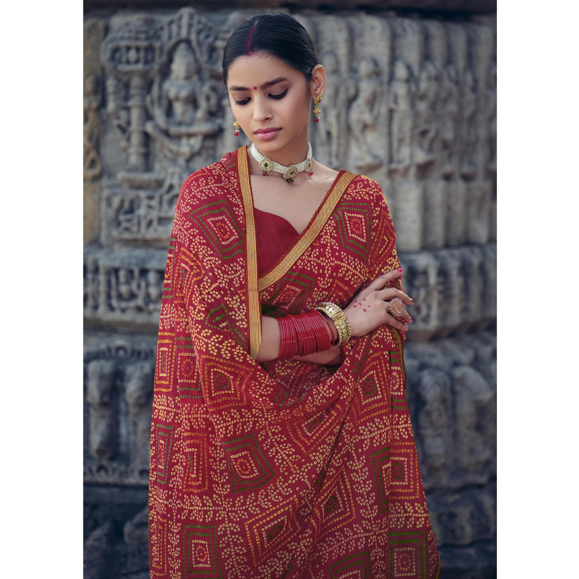 Red Bandhani Printed With Fancy Border Chiffon Saree - Peachmode