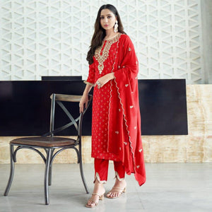 Red Bandhani Printed With Gota Patti Muslin Salwar Suit - Peachmode