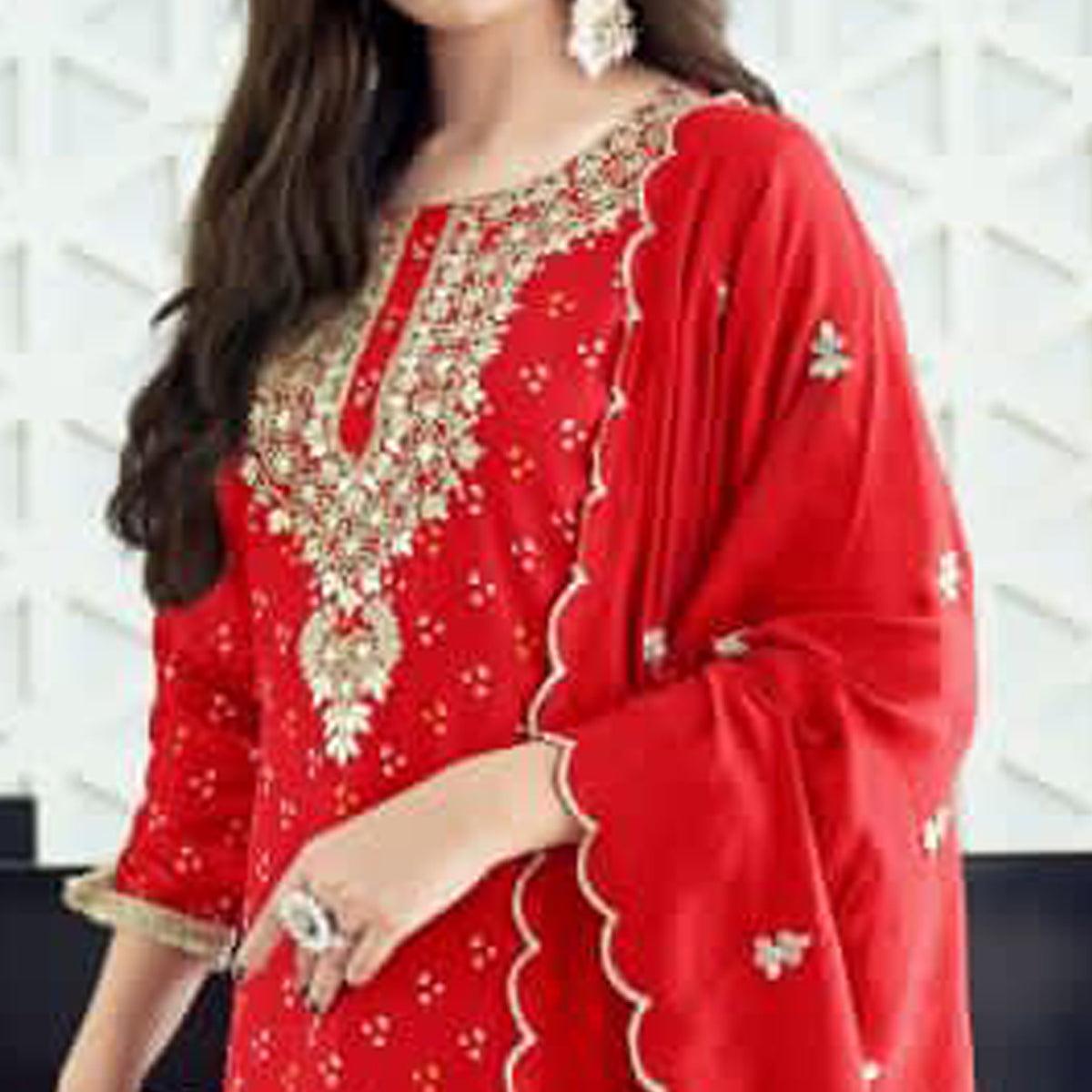 Red Bandhani Printed With Gota Patti Muslin Salwar Suit - Peachmode