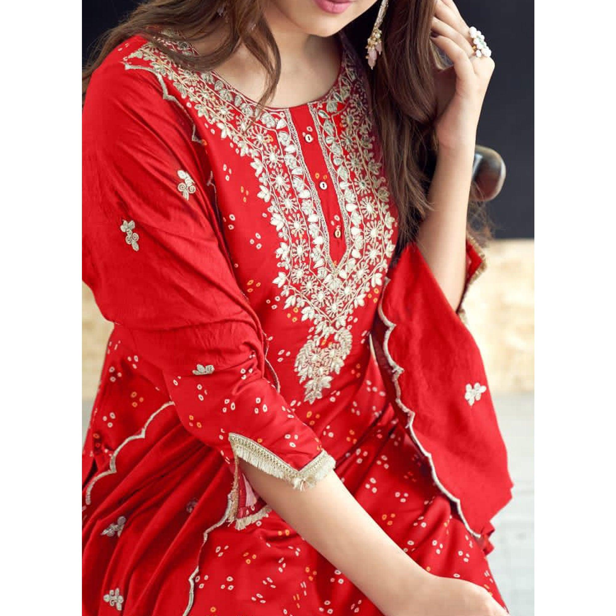 Red Bandhani Printed With Gota Patti Muslin Salwar Suit - Peachmode