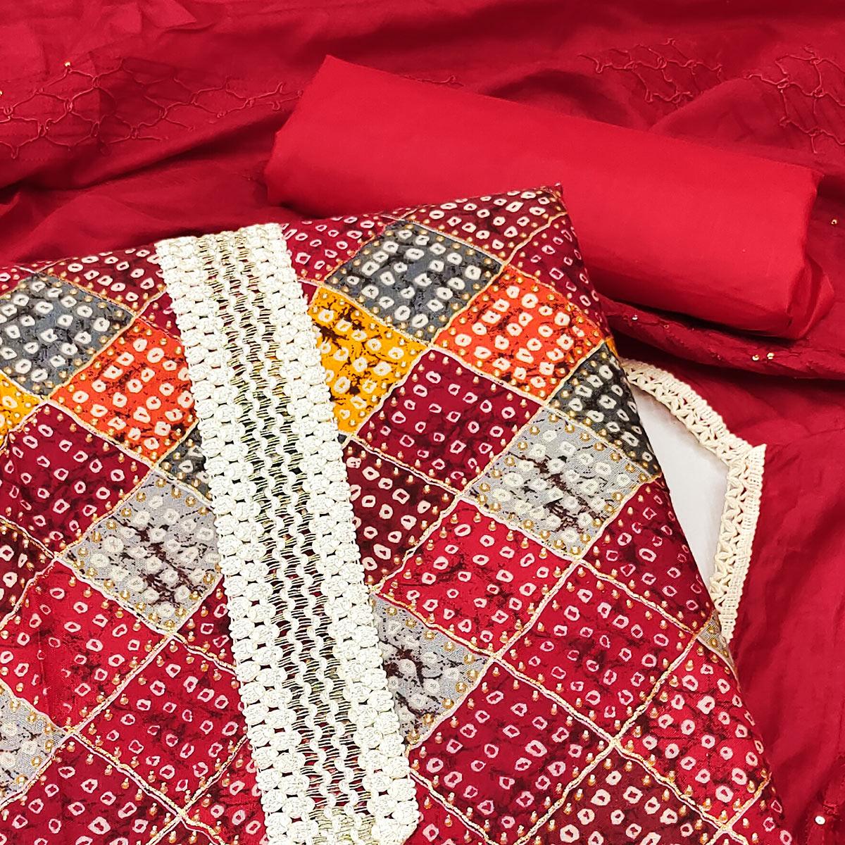 Red Bandhani Printed With Sequence Work Pure Cotton Dress Material - Peachmode