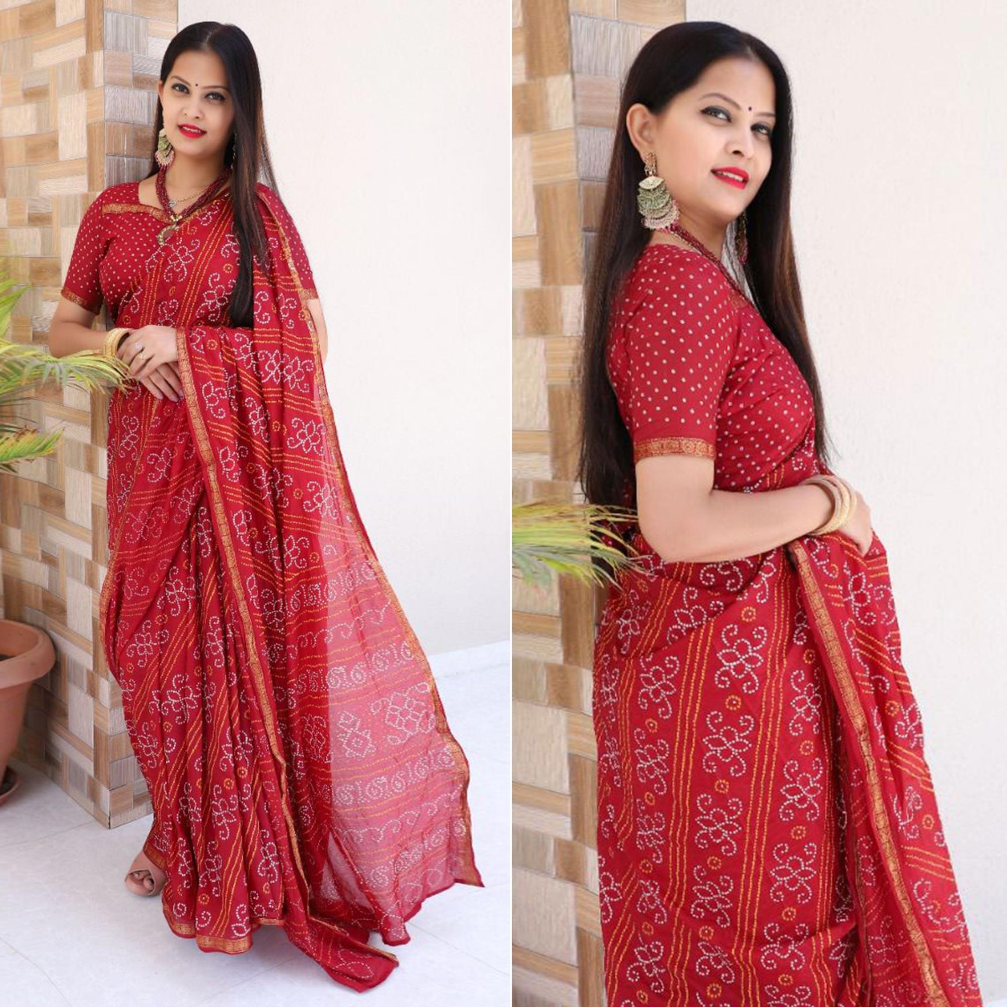 Red Bandhani Printed With Woven Border Tapetta Silk Saree - Peachmode