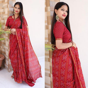 Red Bandhani Printed With Woven Border Tapetta Silk Saree - Peachmode