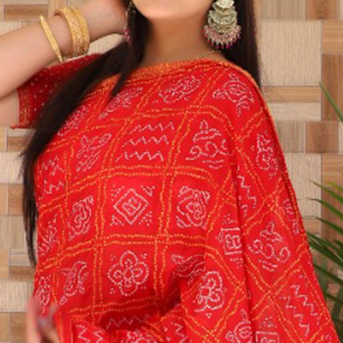 Red Bandhani Printed With Woven Border Tapetta Silk Saree - Peachmode