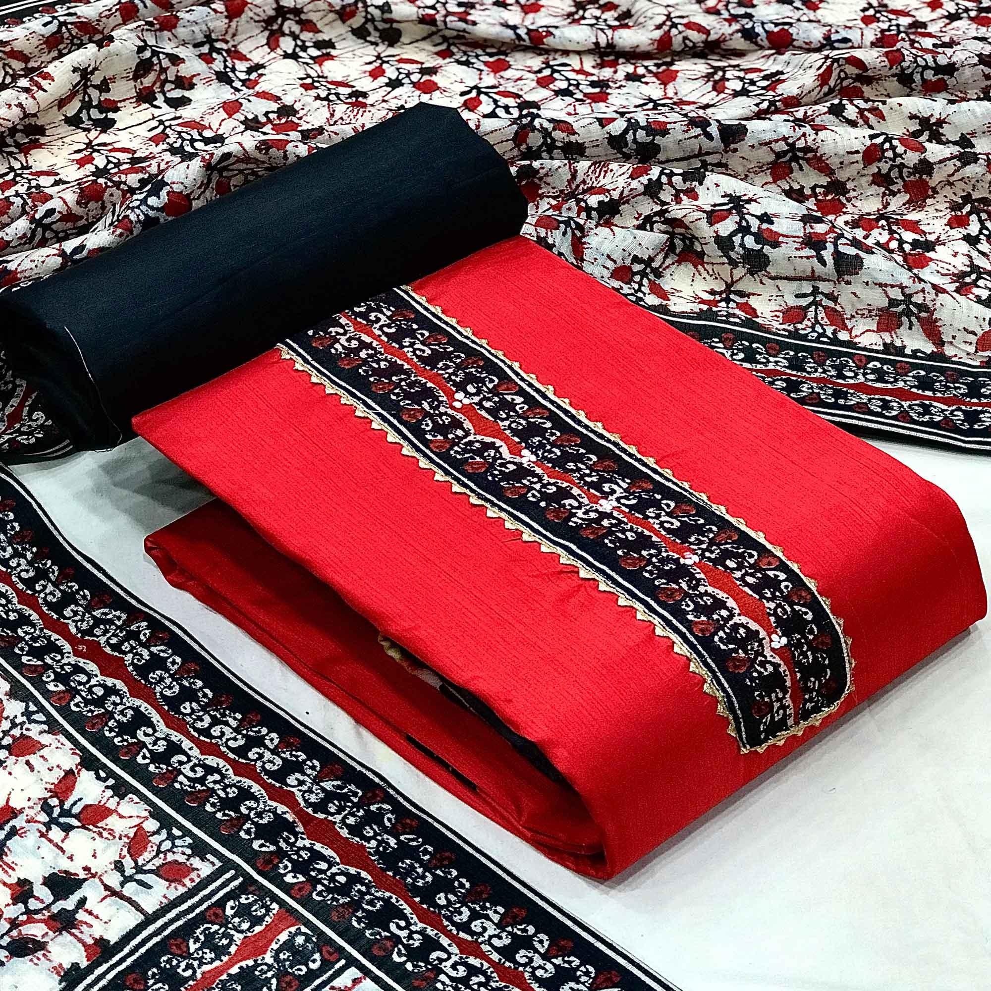 Red Batik Printed Art Silk Dress Material - Peachmode