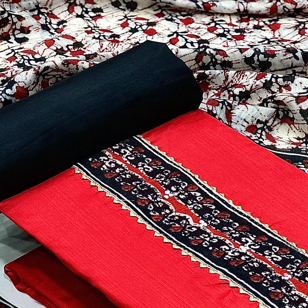 Red Batik Printed Art Silk Dress Material - Peachmode